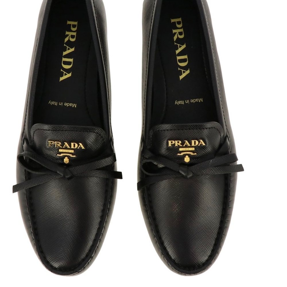 Prada Women Moccasins Size 6.5 Black Safiano Leather, gold detail- used like new
